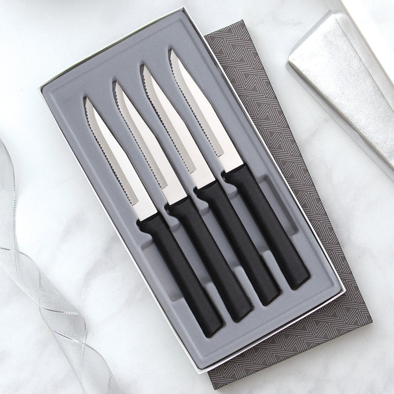 Rada Cutlery Serrated Steak Knife Gift Set 4 PC (G24S) T420 High Carbon Stainless Steel Satin Serrated Blades, Black Resin Handles, Set of 4