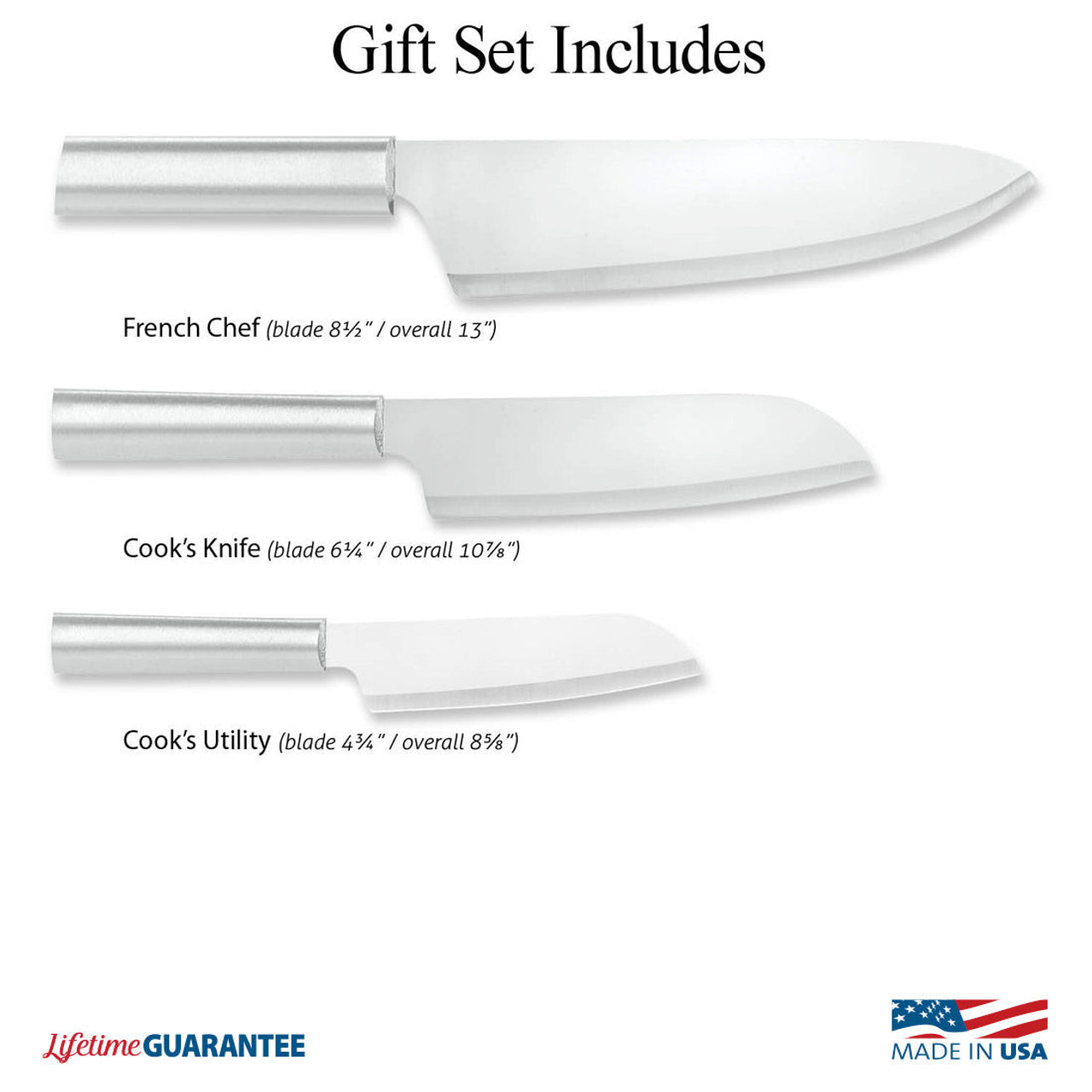 Rada Cutlery Chef's Select Gift Set (S57) T420 High Carbon Stainless Steel Satin Blades, Silver Aluminum Handles, Cook's Utility, Cook's Knife, French Chef