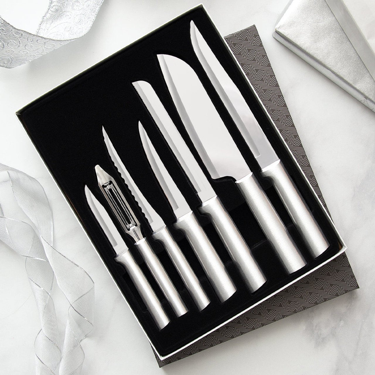Rada Cutlery The Starter Gift Set 7 PC (S38) T420 High Carbon Stainless Steel Satin Blades, Silver Aluminum Handles, Set of 7