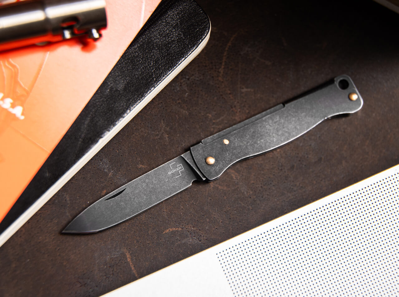 Böker Plus Atlas Mini - Dark (01BP0025) 1.65" 12C27 Blackwash Drop Point Plain Blade, Blackwash Stainless Steel Handle