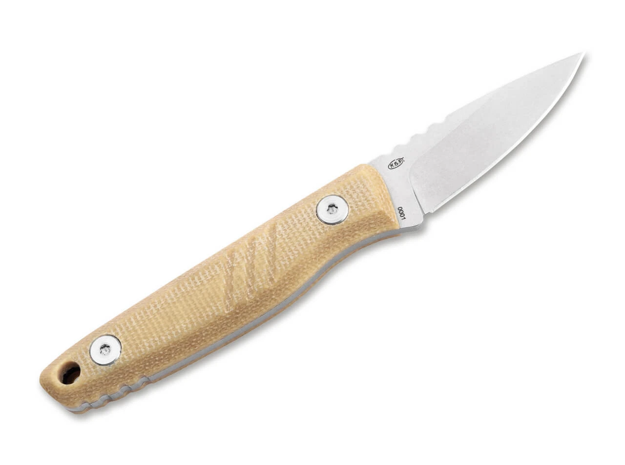 Boker Plus Five Point Nine 02BP0008 back view highlighting the full-tang steel construction and Micarta handle thickness.
