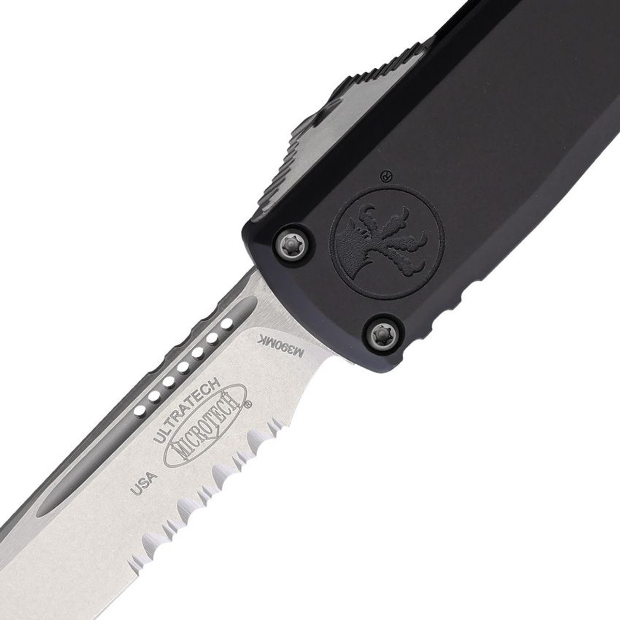 Microtech Ultratech Gen III ZBP (MCT112111) 3.50" Bohler M390MK Stonewash Drop Point Partially Serrated Blade, Black Anodized Aluminum Handle