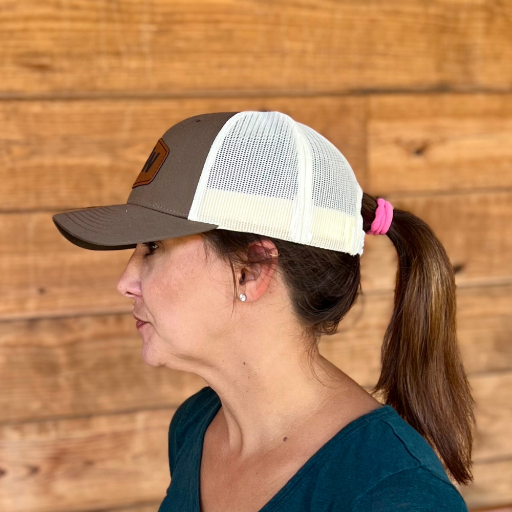 Knifeworks Richardson 115 Low-Pro Trucker Hat, Leather KW Logo, Olive Drab Green Front, Cream Mesh Back, Snapback Closure