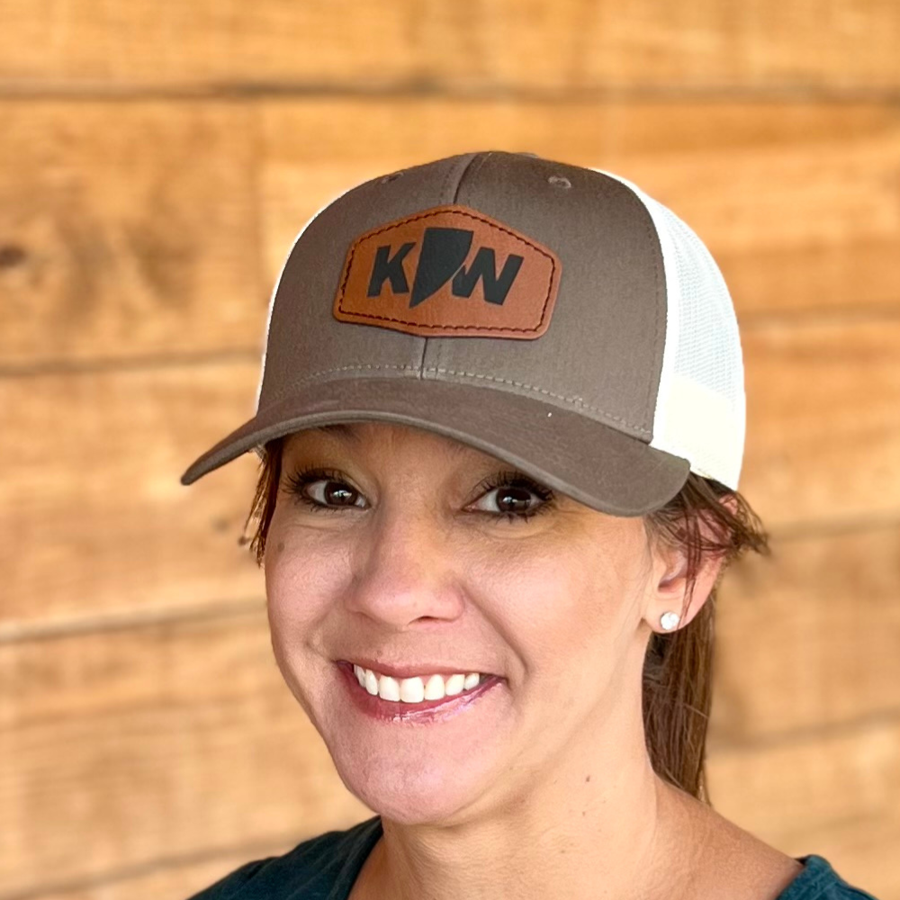 Knifeworks Richardson 115 Low-Pro Trucker Hat, Leather KW Logo, Olive Drab Green Front, Cream Mesh Back, Snapback Closure