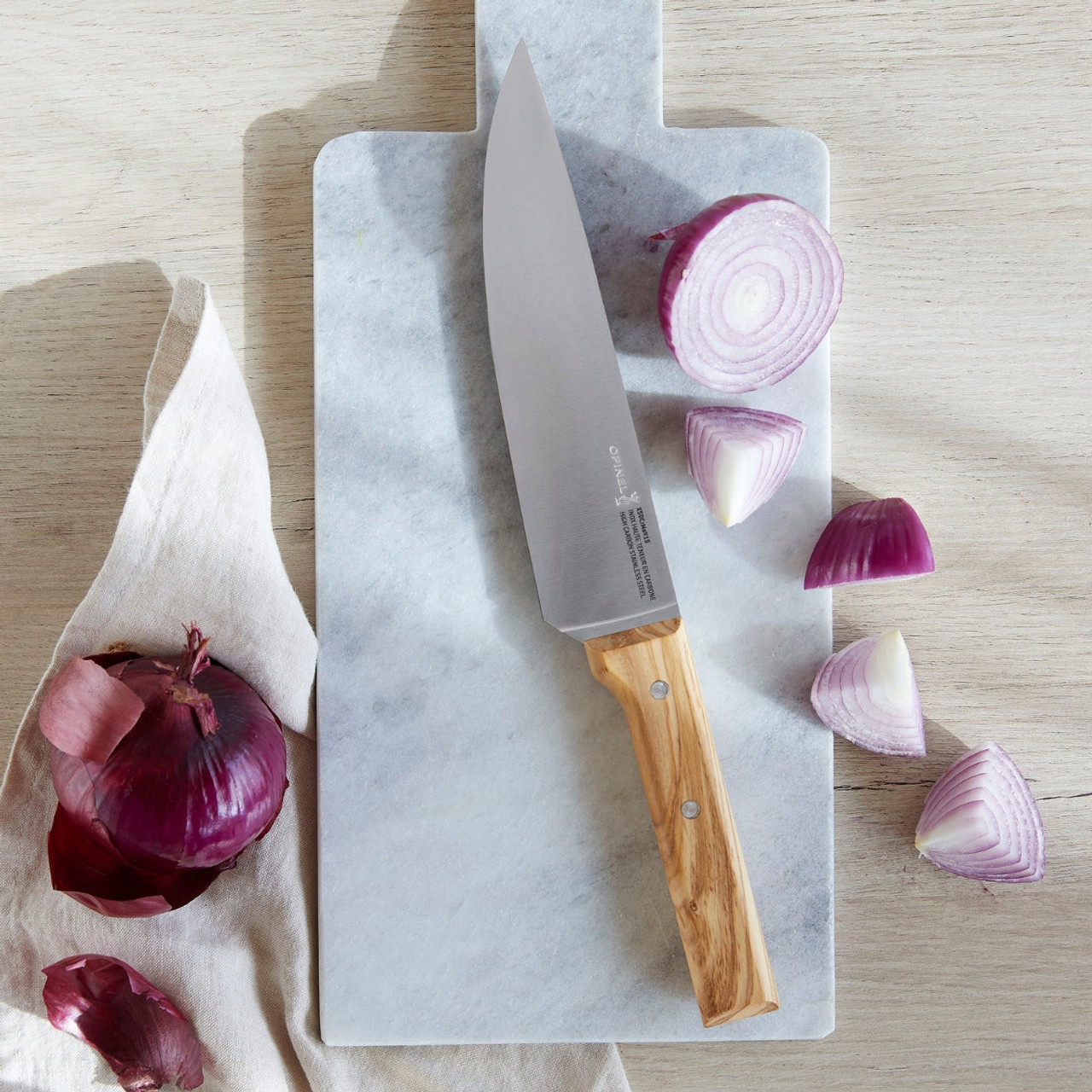 Opinel Parllele Trio Chef Knife Set of 3 (OP002494) Olive wood Handles, X50CrMoV15 Stainless Steel Blades, Paring Knife, Carving Knife, Chef's Knife