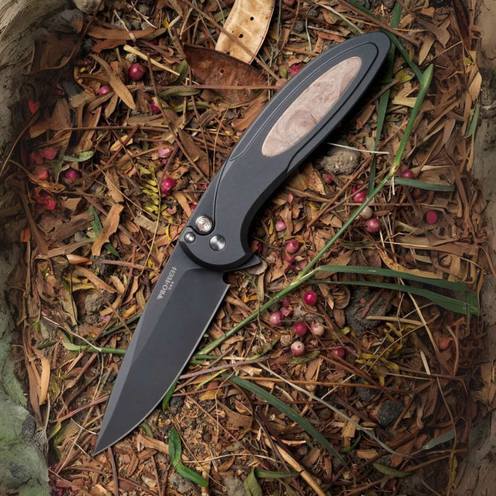 Pro-Tech Cambria 2 Flipper (CF2103-LTD-Maple) - 3.5"  DLC Black CPM-Magnacut Drop Point Plain Blade, Black Aluminum Handle with Maple Burl Inlay, Mosaic Pin Button, Satin Hardware, Black Pocket Clip
