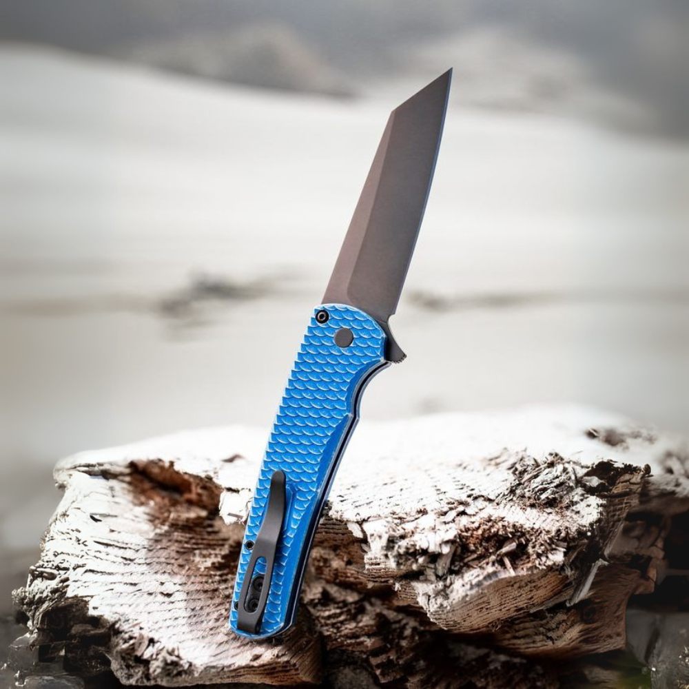 Pro-Tech Malibu (5436-BW-BLUE-LTD) 3.25" CPM-MagnaCut Black DLC Coated everse Tanto Plain Blade, Battleworn Blue Dragon Scale Textured Aluminum Handle, Black Lip Pearl Button, Black Clip