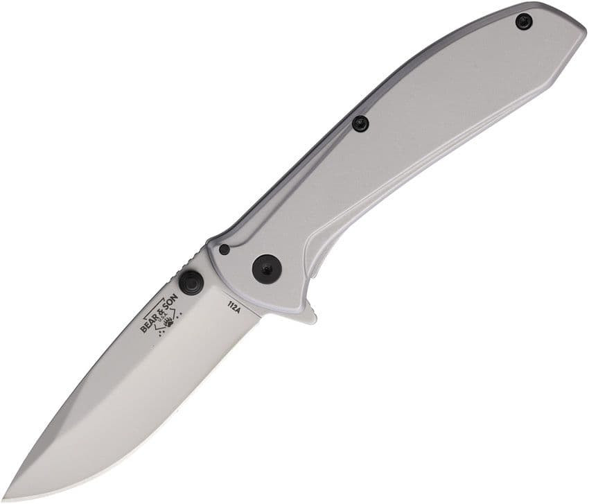 Bear and Son 112A Framelock Assisted Open Folding Knife (112A) 2.88" 440 Bead Blast Drop Point Plain Blade, Bead Blast Stainless Steel Handle