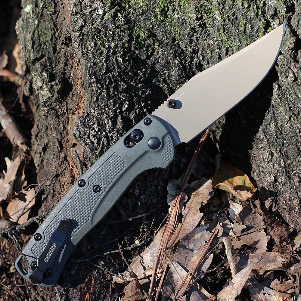 Benchmade Taggedout 15536TN-02 with 3.50" Elmax Tan Cerakote plain clip point blade and Deep Olive G-10 handle, open view