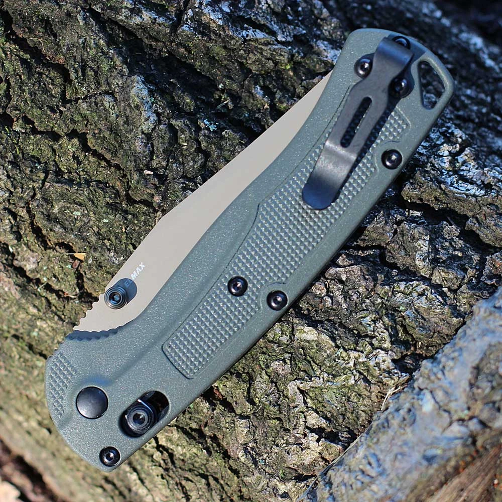 Benchmade Taggedout 15536TN-02 with 3.50" Elmax Tan Cerakote plain clip point blade and Deep Olive G-10 handle, open view