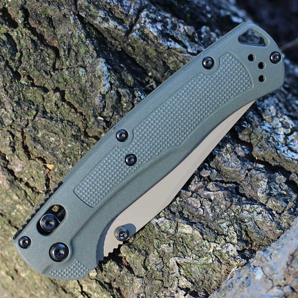 Benchmade Taggedout 15536TN-02 with 3.50" Elmax Tan Cerakote plain clip point blade and Deep Olive G-10 handle, open view