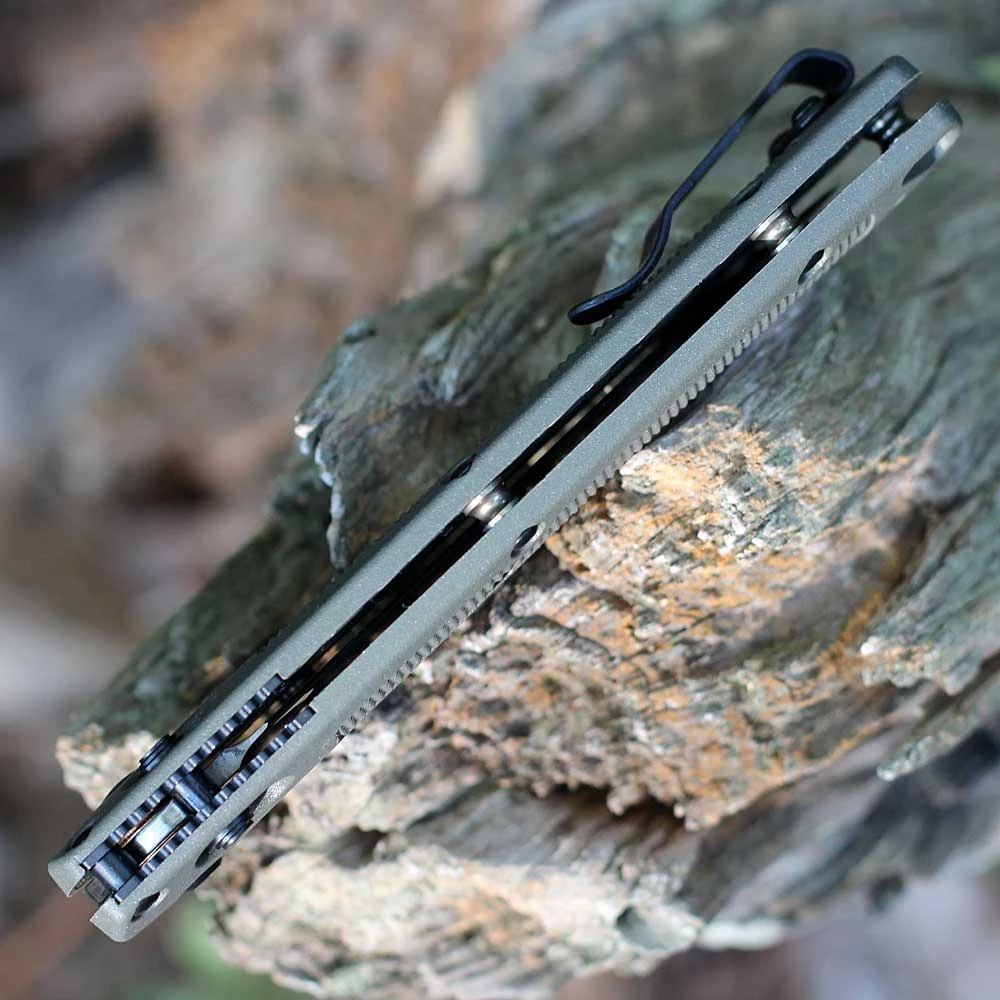 Benchmade Taggedout 15536TN-02 with 3.50" Elmax Tan Cerakote plain clip point blade and Deep Olive G-10 handle, open view