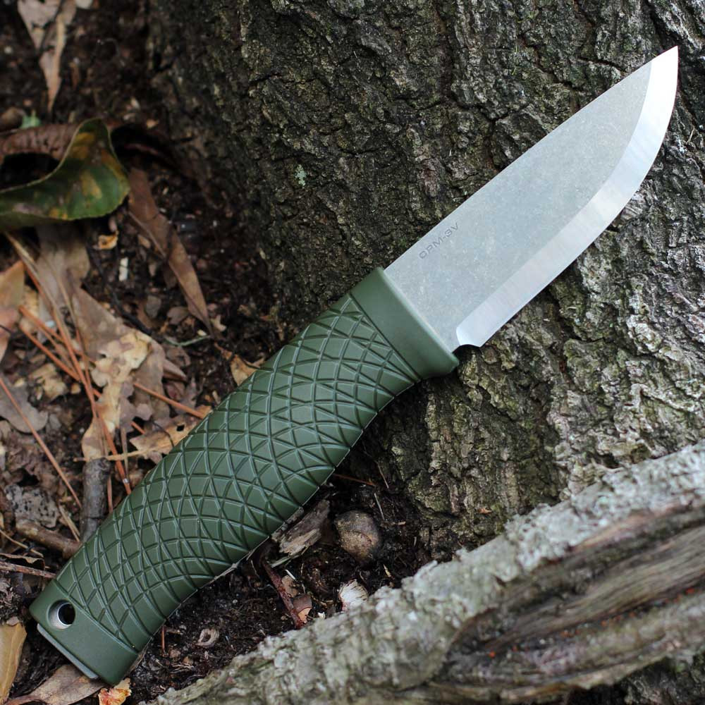 Close-up Scandi grind and polished stonewash CPM-3V blade Boker Bronco Mini