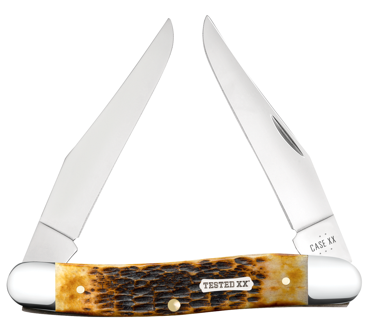 Case XX Muskrat 51395 pocket knife with dual 3" clip point blades, burnt amber bone handle, nickel silver bolsters, and Dogbone Tested XX inlay shield – proudly made in the USA, available at Knifeworks on sale and special price.