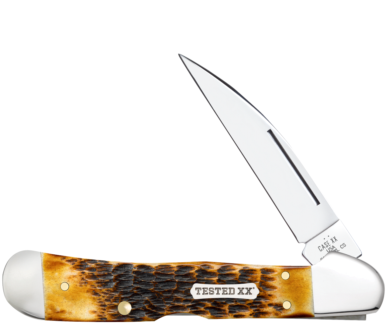 Case Copperlock 61549WL CS open, featuring 3.75" carbon steel  blade and burnt amber bone handle with Rogers jig pattern — available at Knifeworks.