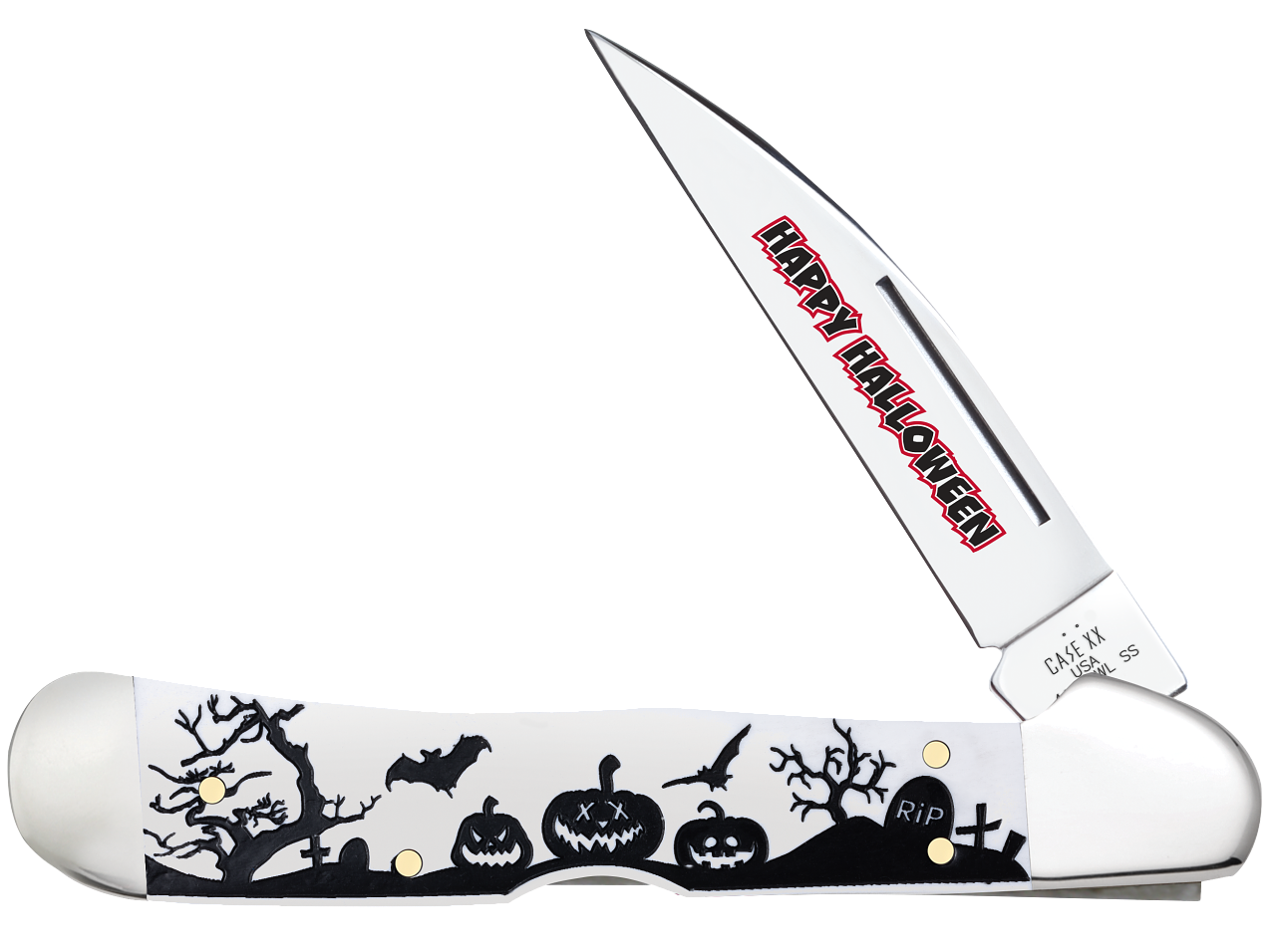 Case Copperlock 10641 2025 Happy Halloween knife open with 3.75" stainless steel blade and white synthetic Jack-O-Lantern handle — available at Knifeworks.
