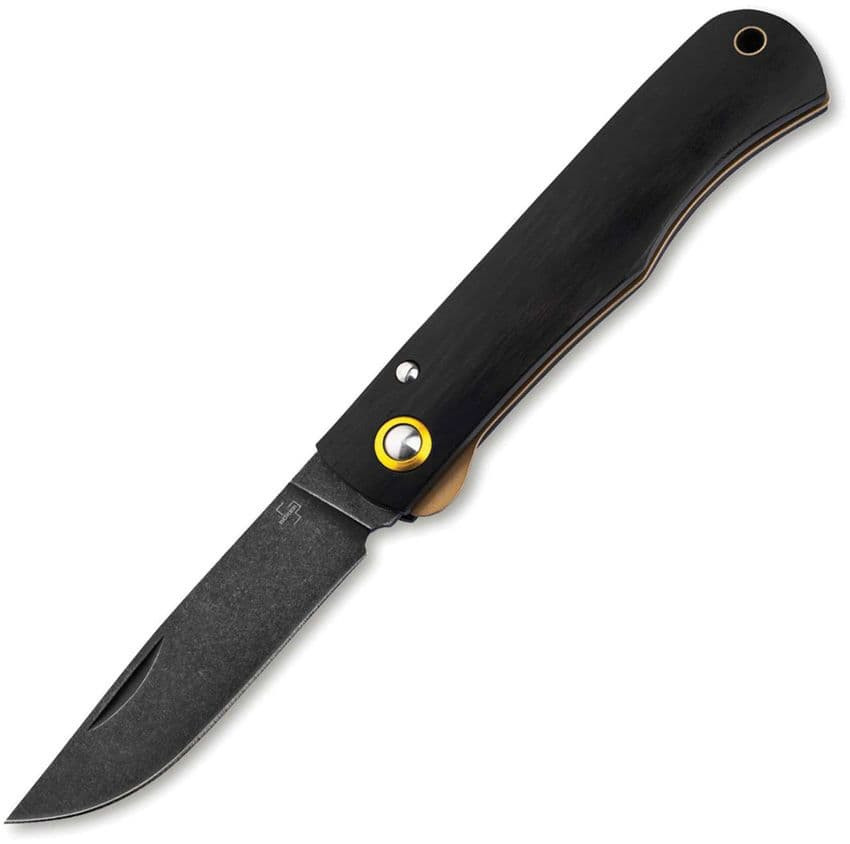 Boker Plus Rusticus All Black (01BP0040) 3.34" 420 Black Drop point Plain Blade, Black Wood Handle, Linerlock, Gold Accents