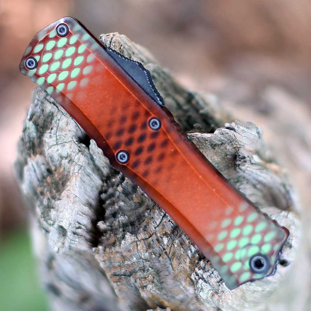 Microtech Hera II Mini 1702M-10RX51S orange X-51 aluminum slab — 0.35 in thin, double-action thumb slide, tip-down right carry