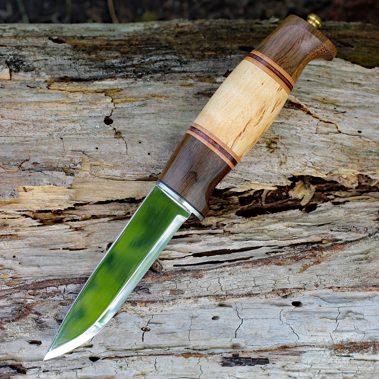 Helle Knives Harding 99 (HE99) 3.94: Triple Laminated H3LSSatin Drop Point Plain Blade, Curly Birch and Dark Oak Handle, Brown Leather Sheath