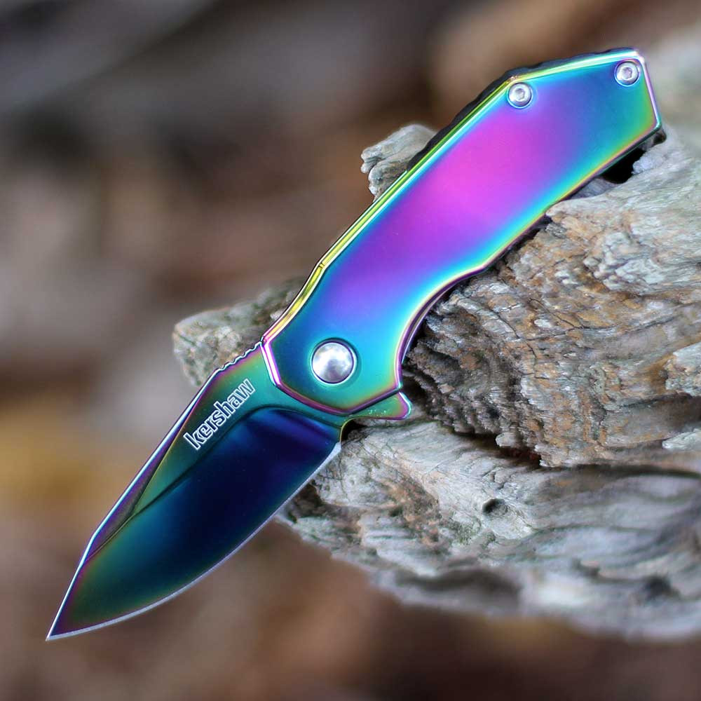 Kershaw Valve Assisted Opening Knife (1375RBW) 2.25" Rainbow 4Cr14 Drop Point Blade, Rainbow Stainless Steel Handle
