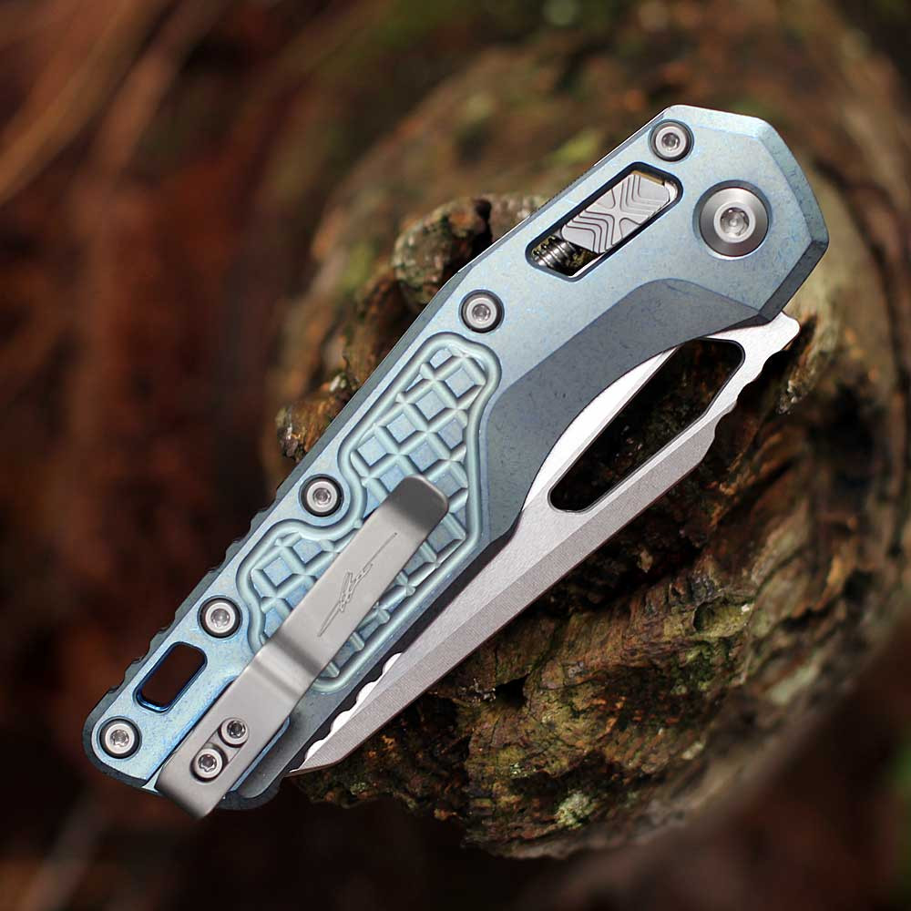 Microtech MSI Ram-Lok 210-10FRMS6 blue titanium hardware accents — ice blue frag pattern, double vapor blast finish, 5.05 in closed