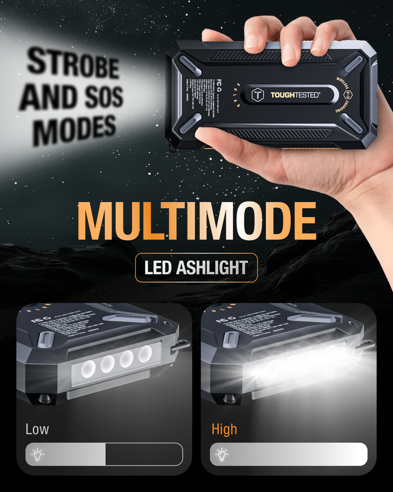 ToughTested SOLAR ROC16 16,000mAh Powerbank – Wireless Charging, PD Fast Charging, Solar Panel, Waterproof