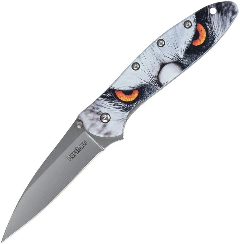 Kershaw Leek Hawk Eyes (KS1660HAWK) - 3.0" Bead Blasted 14C28N Drop Point Plain Blade, Hawk Eyes Aluminum Handle