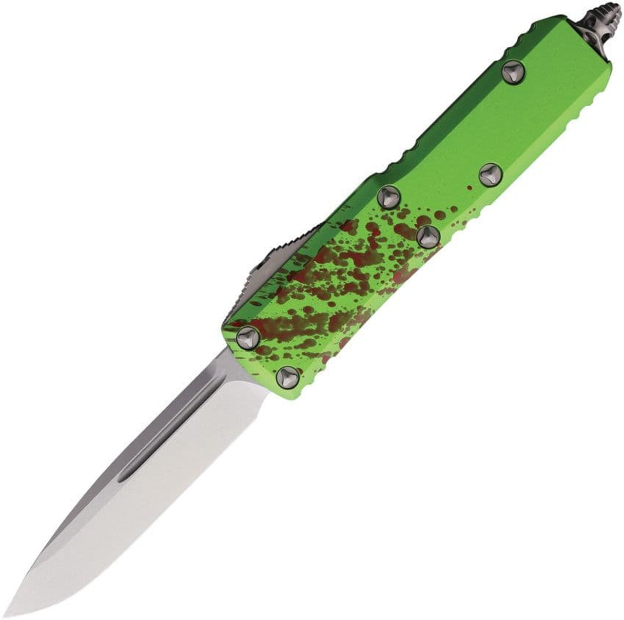 Microtech UTX-85 S/E (MCT23110Z) 3.125" Bohler M3910 Stonewash Drop Point Blade, Green/Red Splatter Aluminum Handle