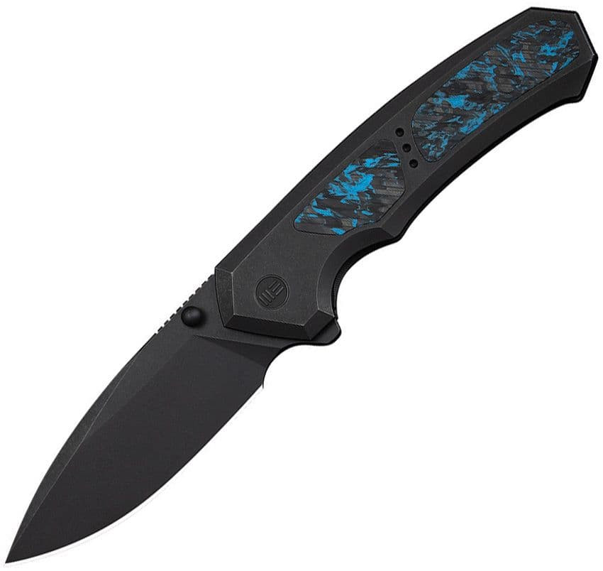 WE Knife Co. Corwyn Frame Lock Folding Knife — Black Titanium + Black/Blue Carbon Fiber, 3.7" Black Stonewashed Blade