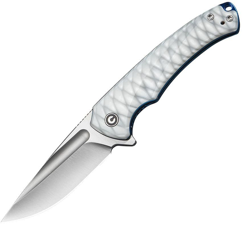 Civivi Voidflare (CIVC24040-2) 2.92" 14C28N Satin Drop Point Plain Blade, Gray and White Scale Print Resin Handle Blue Liners