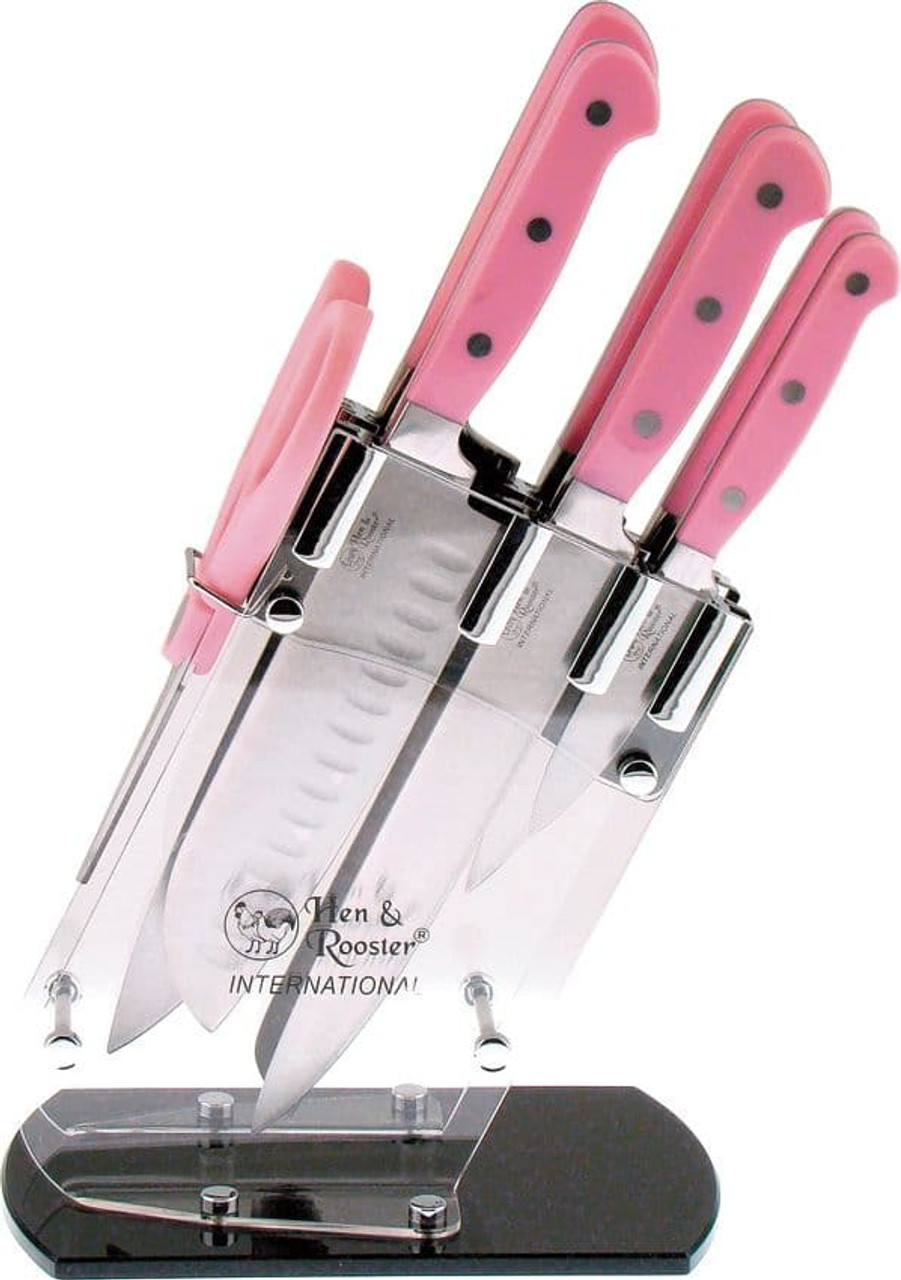 Hen & Rooster 7-Piece Kitchen Knife Block Set — Clear Plastic Block, Pink Handles