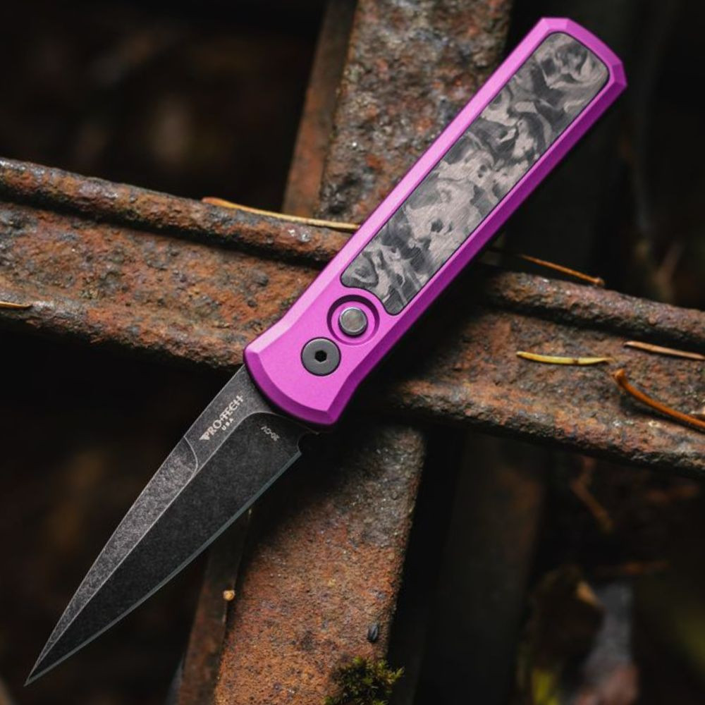 Pro-Tech Knives Godson (7211-MARBLE CF PURPLE DLCW) 3.15" 20CV Blackwash DLC Coated Spear Point Plain Blade, Purple Aluminum Handle with Marbled Carbon Fiber Inlays, Black Lip Pearl Push Button, Black Hardware, Black Deep Carry Clip