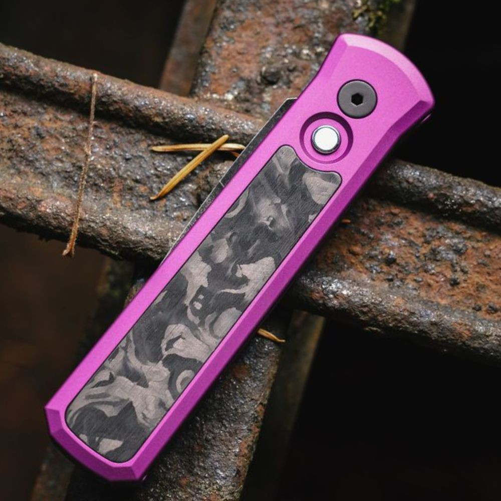 Pro-Tech Knives Godson (7211-MARBLE CF PURPLE DLCW) 3.15" 20CV Blackwash DLC Coated Spear Point Plain Blade, Purple Aluminum Handle with Marbled Carbon Fiber Inlays, Black Lip Pearl Push Button, Black Hardware, Black Deep Carry Clip