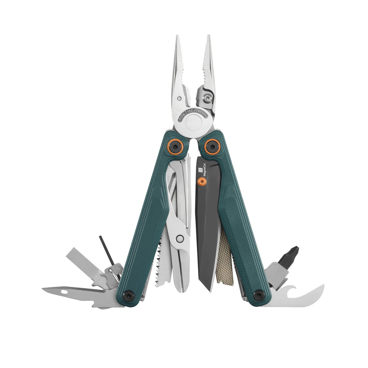 "Leatherman Wave Alpha Cascadia multi-tool with black oxide MagnaCut blade and green G10 handles fully opened showing 16 tools"