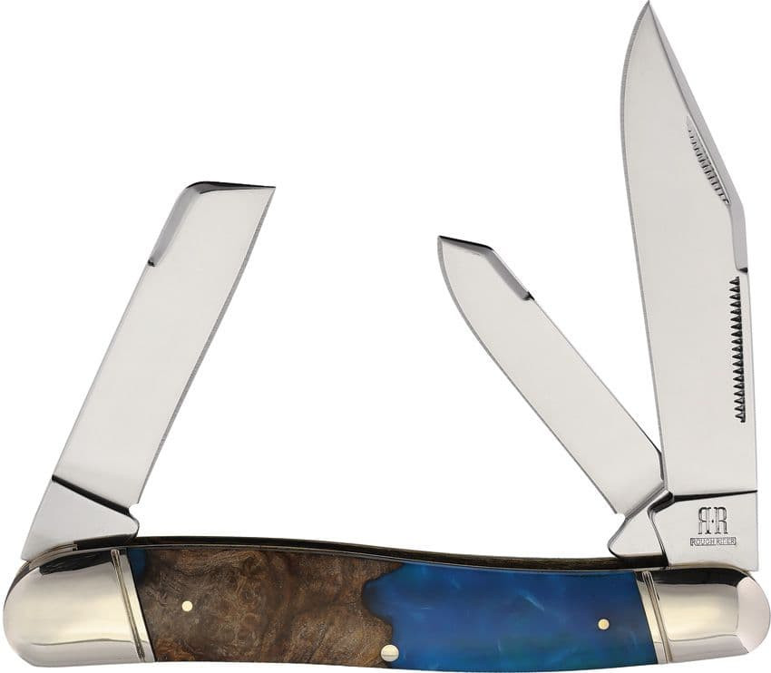 Rough Ryder Texas Stockman RR2653 – 2.62″ Clip, 1.87″ Spey, 1.87″ Sheepsfoot Blades, Blue Wood‑Resin Handle