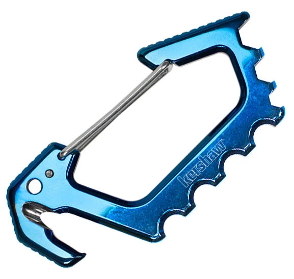 Kershaw 1150BLUX Jens Carabiner in Blue TiNi coating showing the bottle opener and hex drives.