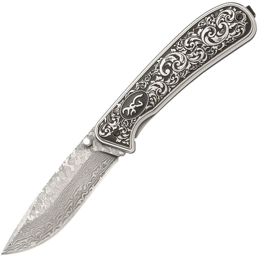 Browning Grand Pass Liner Lock (BR0580B) 3.5" Damascus Drop Point Blade Stainless and Black Scroll Work Handle