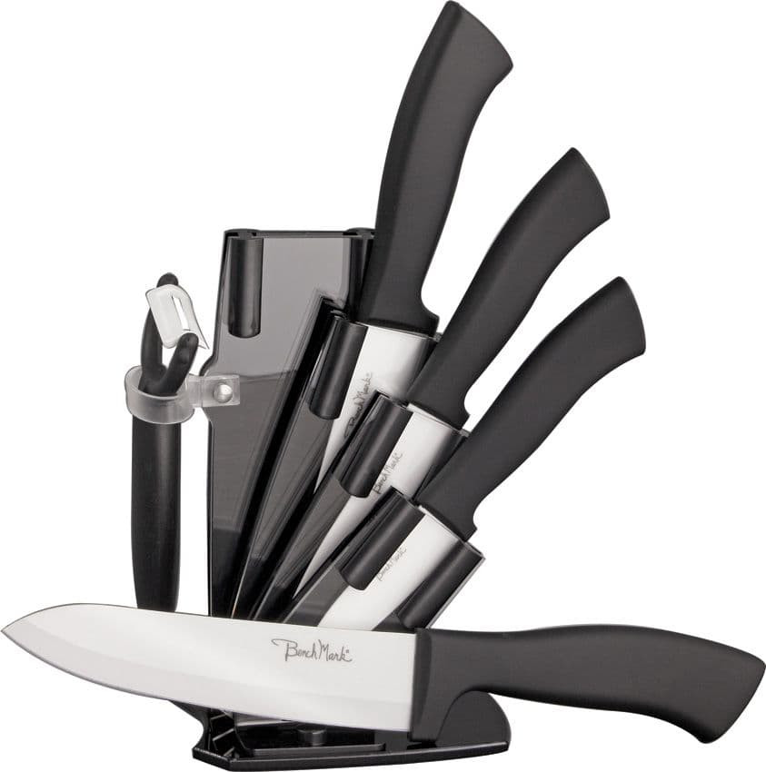 Benchmark Ceramic Kitchen Knife Set – 6 Piece, White Ceramic Blades, Black Rubber Handles, Storage Block