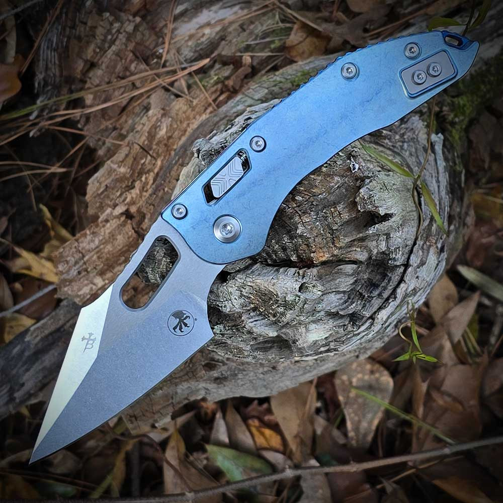 Microtech Stitch RAM-LOK 169RL-10MS6 3.75 inch M390MK Stonewash Ice Blue Slab Titanium Bronze Accent Marfione Select USA