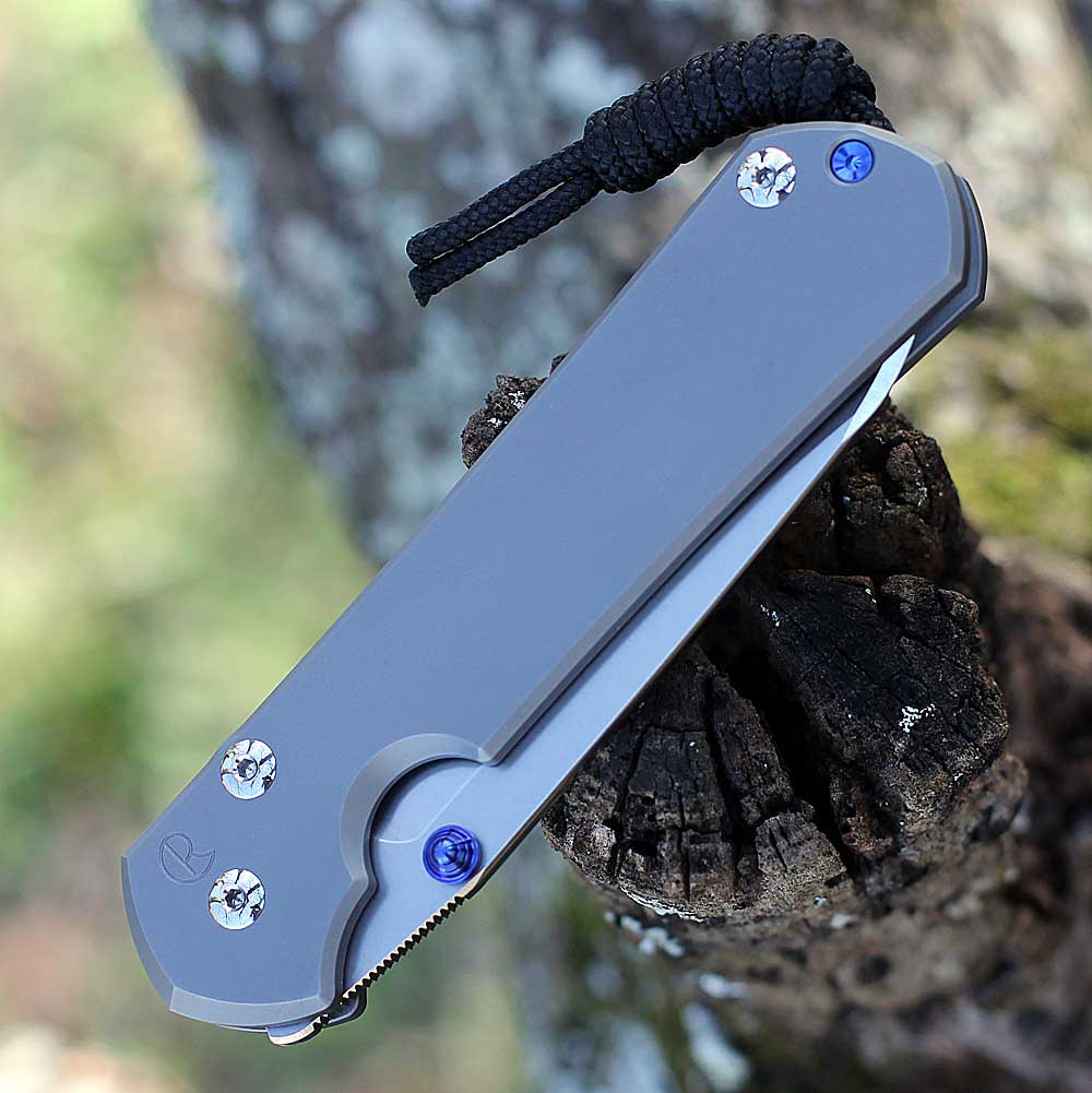 Chris Reeve Sebenza 31 L31-1685-65 glass blasted 6AL4V titanium — blue hardware, Reeve Integral Lock, single lug, tip-up clip, 4.7 oz