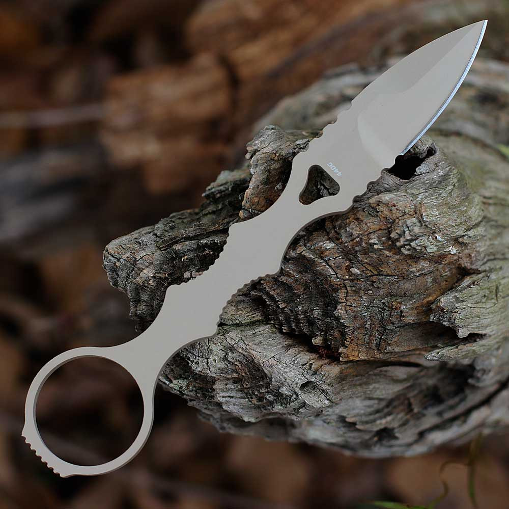 Mini SOCP Desert Tan Cerakote ring handle, skeletonized profile close‑up