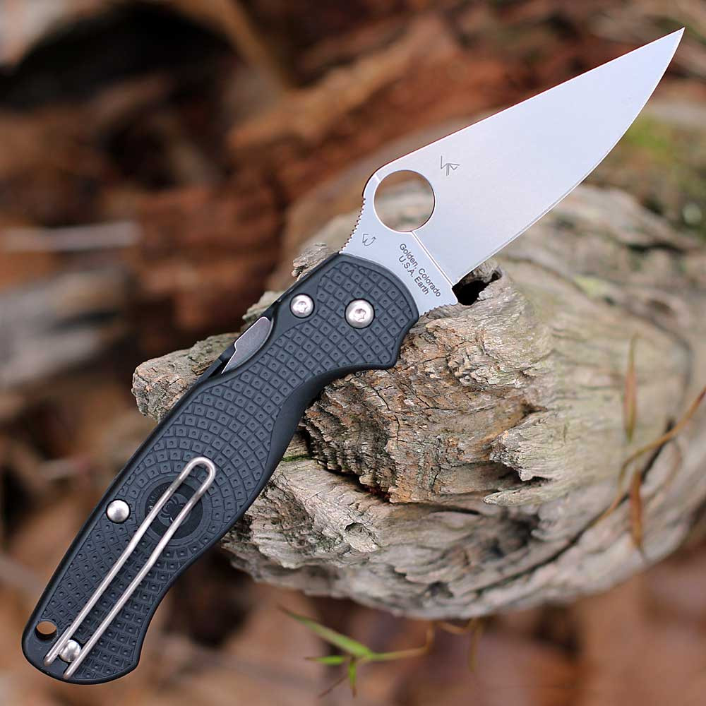 3.44 inch CTS-BD1N USA-made Spyderco Para Military 2 Lightweight in open position showing the Golden, Colorado mark.