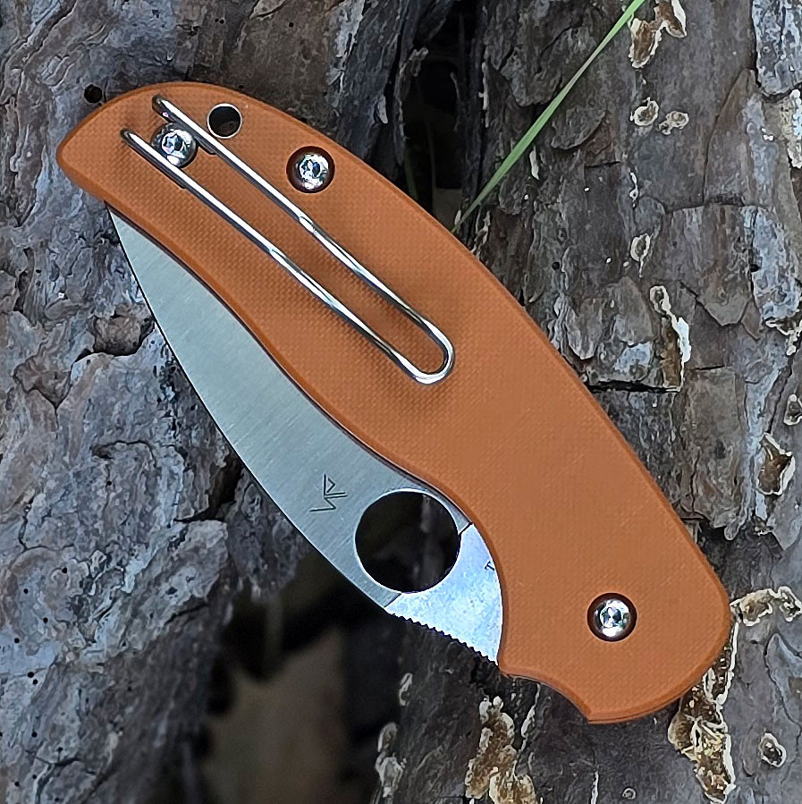 Spyderco Sage 6 C123GPBO121 burnt orange G-10 handle open view showing CPM REX 121 satin blade and button-release compression lock