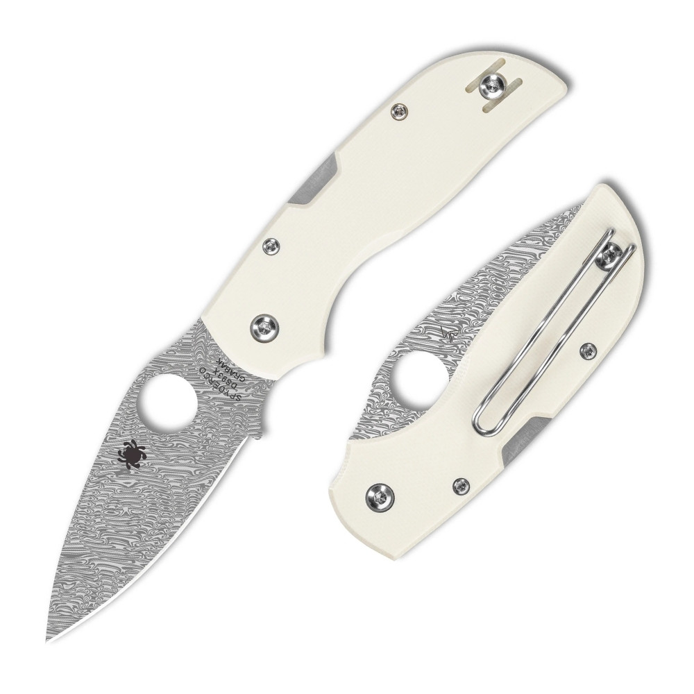 Spyderco Chaparral C152GIVD Ivory G-10 handle open view showing Swedish Damasteel DS93X Grabak Damascus plain blade