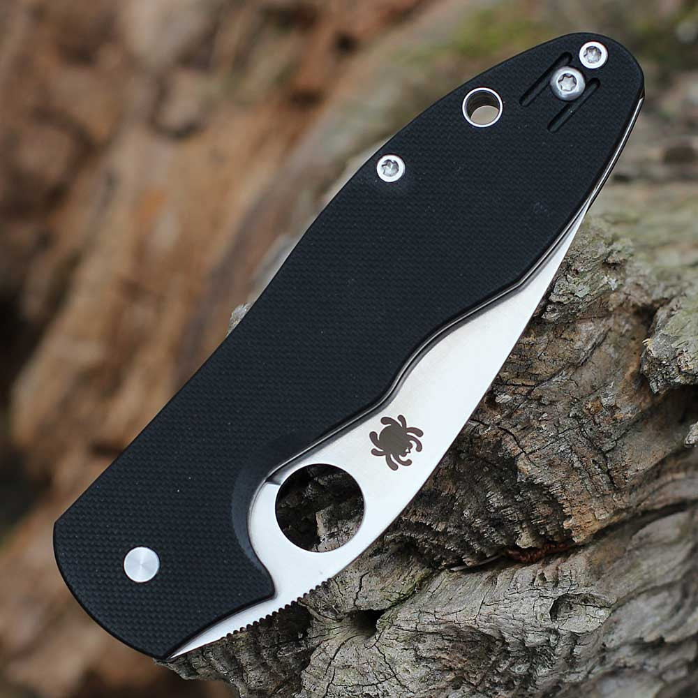 Spyderco Retract C276GP Ed Schempp design black G-10 handle open view showing recurve 9Cr18MoV satin plain blade