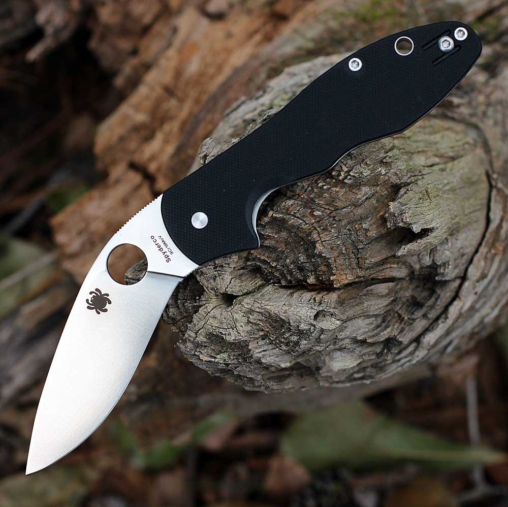 Spyderco Retract C276GP Ed Schempp design black G-10 handle open view showing recurve 9Cr18MoV satin plain blade