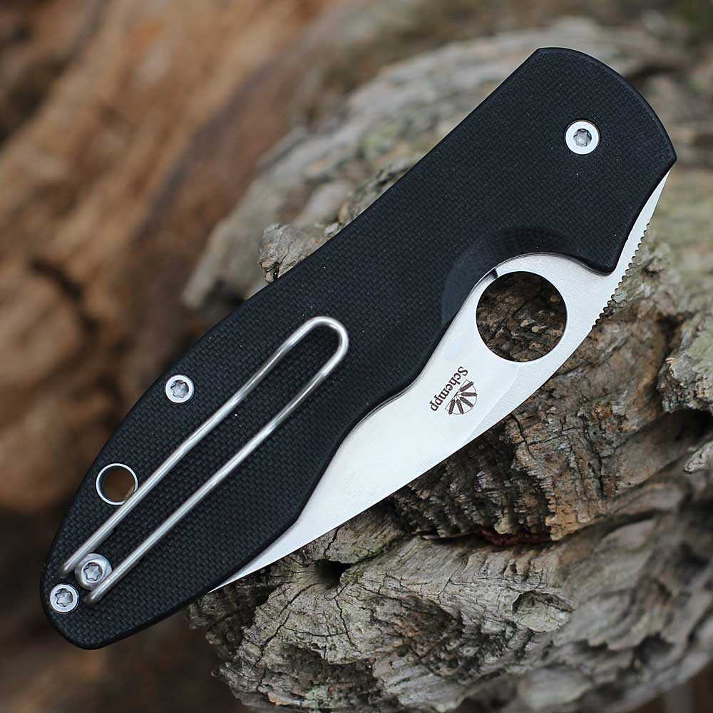 Spyderco Retract C276GP Ed Schempp design black G-10 handle open view showing recurve 9Cr18MoV satin plain blade