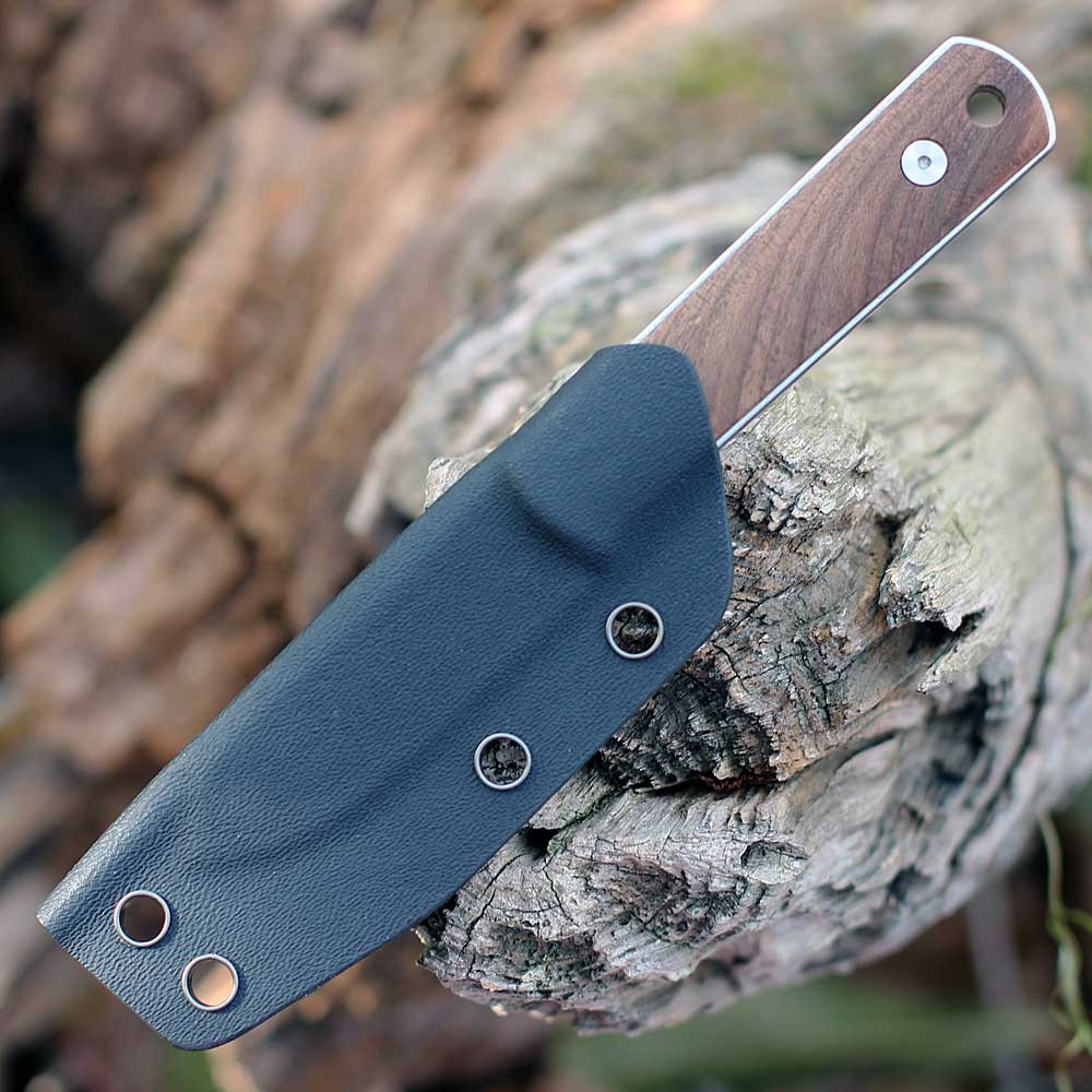 Stonewashed MagnaCut fixed blade with Walnut handle scales, Kydex Sheath