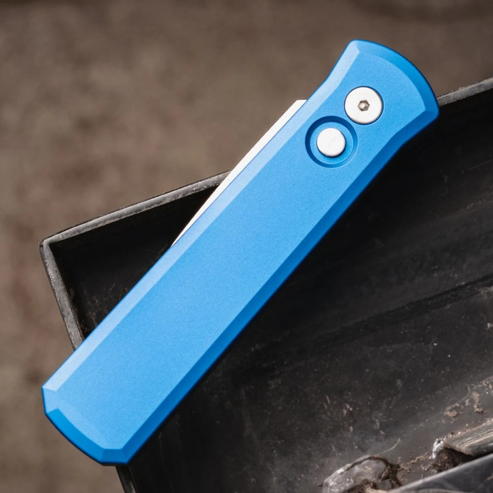 Pro-Tech Godson 721-SATIN Blue — 3.15" 154CM satin spear point, dark blue aluminum handle, button lock auto, USA made, closed front view