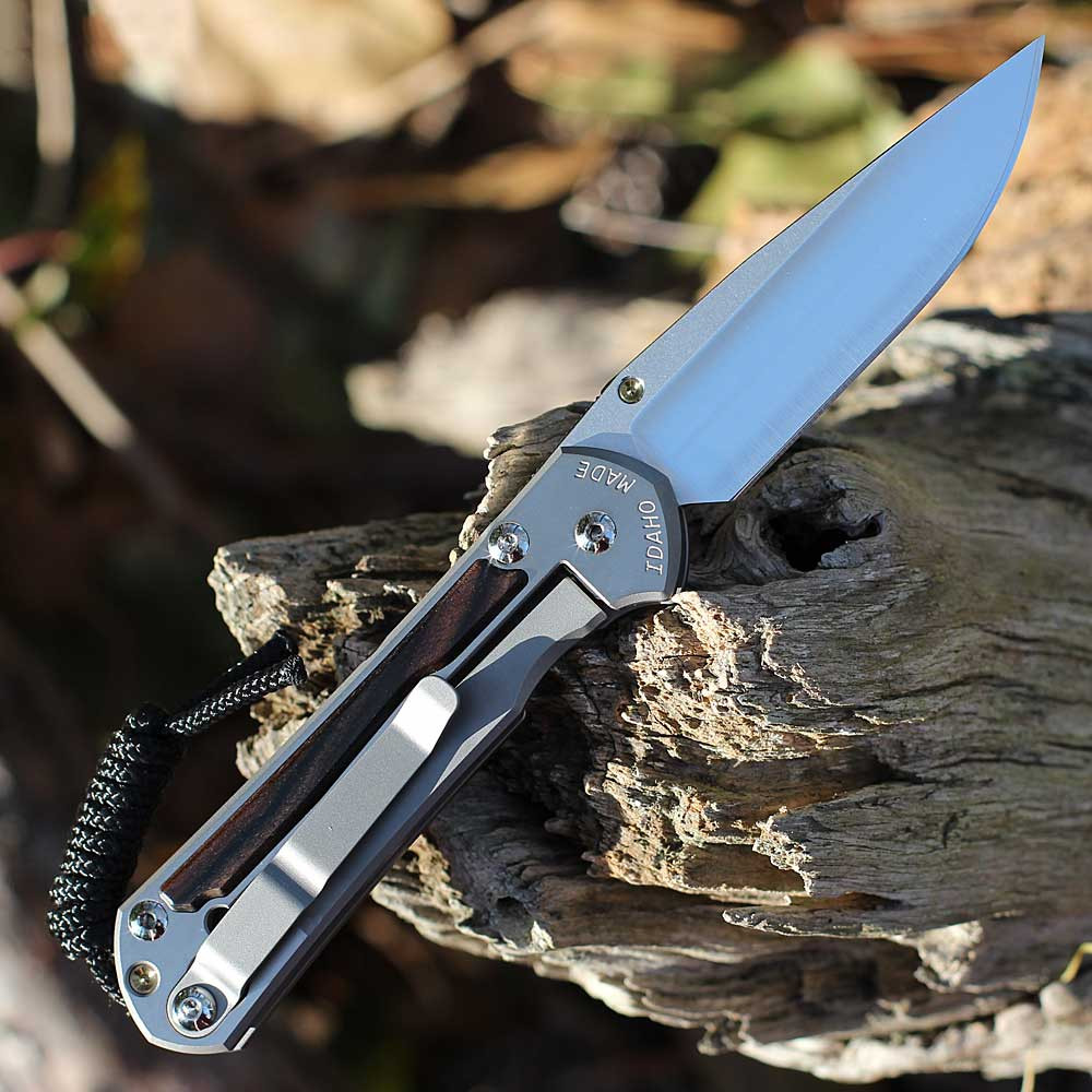 CPM MagnaCut drop point blade with gold thumb lug